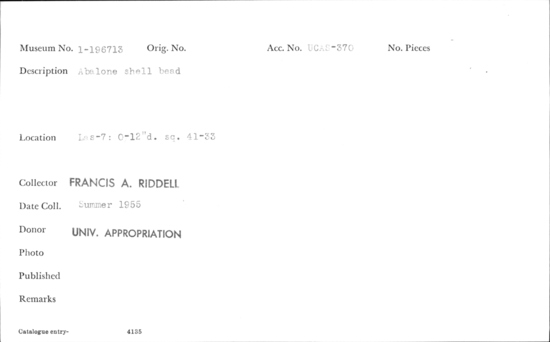 Documentation associated with Hearst Museum object titled Bead, accession number 1-196713, described as Abalone shell.