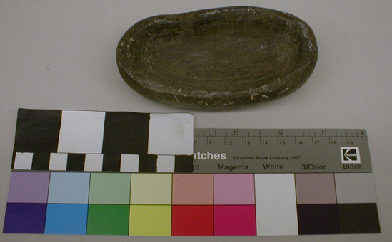 Hearst Museum object titled Dish, accession number 1-87106, described as Steatite, canoe shaped dish.