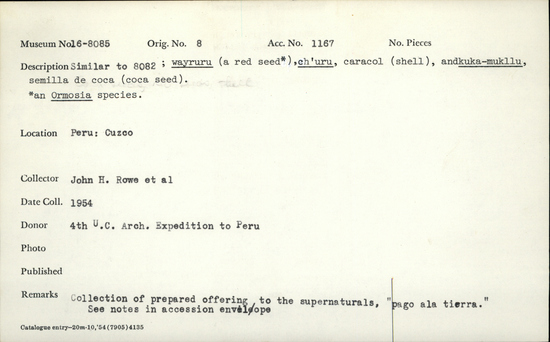 Documentation associated with Hearst Museum object titled Organic material, accession number 16-8085, described as Coca suds, red seeds, shell