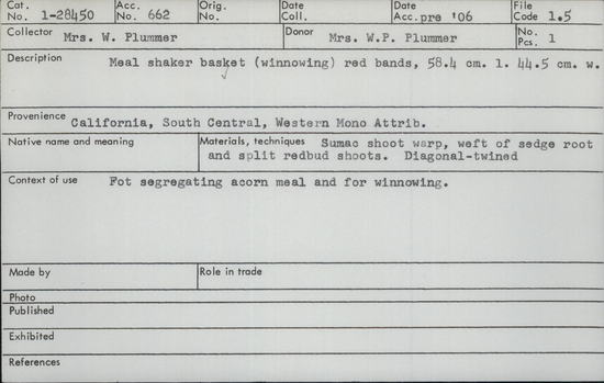 Documentation associated with Hearst Museum object titled Basket, accession number 1-28450, described as Meal shaker basket, red bands. Sumac shoot warp, weft of sedge root and split redbud shoots. Diagonal twined.