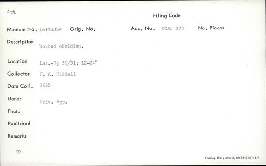 Documentation associated with Hearst Museum object titled Lithic, accession number 1-148354, described as Worked.