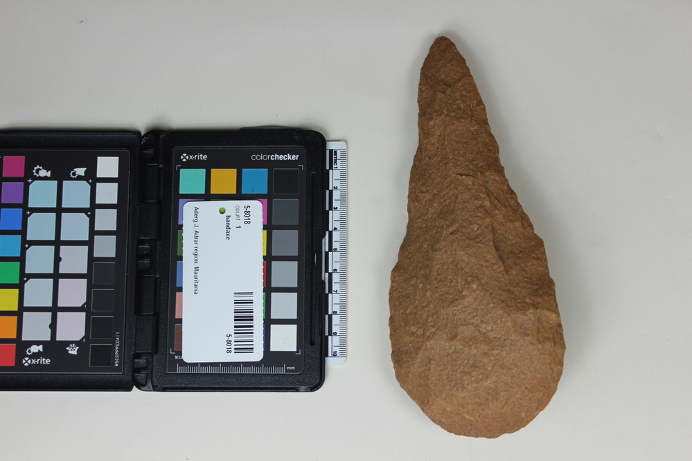 Hearst Museum object titled Handaxe, accession number 5-8018, described as handaxe; bifacial; narrow; pointed; L 19.2cm