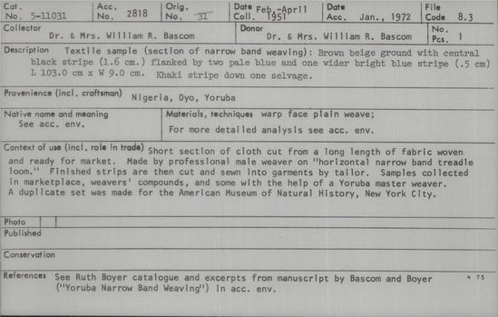 Documentation associated with Hearst Museum object titled Textile fragment, accession number 5-11031, described as Textile sample (section of narrow band weaving). Brown beige ground with central black stripe (1.6 cm) flanked by two pale blue and one wider bright blue stripe (.5 cm). Khaki stripe down selvage.