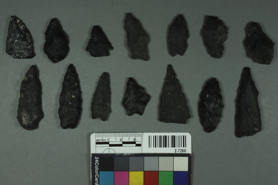 Hearst Museum object titled Projectile point, accession number 2-7260, described as Arrow points of slaty material.