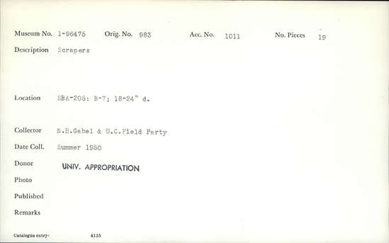 Documentation associated with Hearst Museum object titled Scrapers, accession number 1-96475, described as Scrapers.