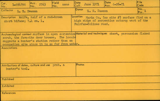 Documentation associated with Hearst Museum object titled Knife, accession number 1-224796, described as Knife, half of a red-brown chert biface. Notice: Image restricted due to its potentially sensitive nature. Contact Museum to request access.