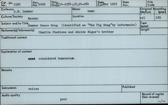 Documentation associated with Hearst Museum object titled Audio recording, accession number 24-2587, described as Navajo Summer Dance Song