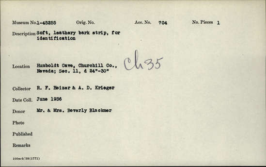 Documentation associated with Hearst Museum object titled Bark, accession number 1-45255, described as Soft, leathery bark strip, for identification.