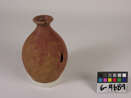 Hearst Museum object titled Broken bottle, accession number 6-4689, described as Pottery: red bottle, rim broken; least diameter 5 cm, greatest diameter 12 cm, height 19 cm.