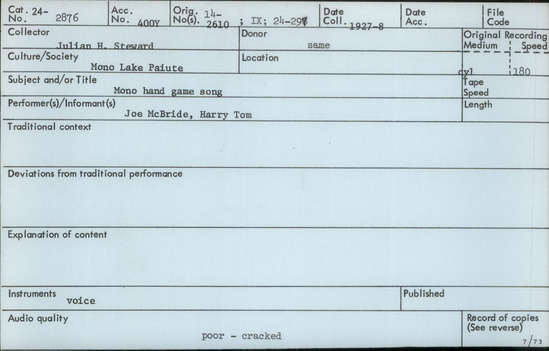 Documentation associated with Hearst Museum object titled Audio recording, accession number 24-2876, described as Mono Hand Game Song