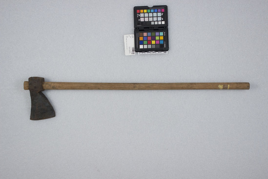 Hearst Museum object 2 of 2 titled Axe, accession number 9-11469, described as ax, wood handle with metal blade; length 82.5 cm / blade 16 cm x 9.5 cm