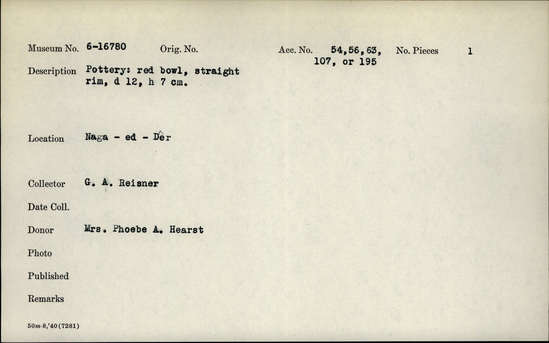 Documentation associated with Hearst Museum object titled Bowl, accession number 6-16780, described as pottery: red bowl, straight rim, diameter 12, height 7 cm