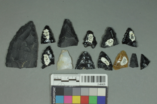 Hearst Museum object titled Biface tips, accession number 2-40429, described as Obsidian, chert, chalcedony, and basalt artifacts. Tips of projectile points, blades, knives.