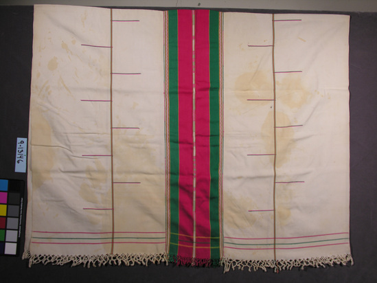 Hearst Museum object titled Shawl, accession number 9-13146, described as Shawl (blanket), man's; cotton; white with magenta and green bands.