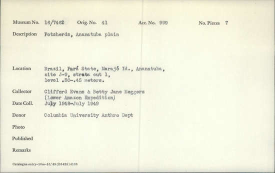 Documentation associated with Hearst Museum object titled Potsherds, accession number 16-7462, described as Potsherds, Anatuba plain