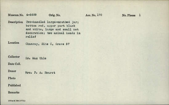 Documentation associated with Hearst Museum object titled Jar, accession number 4-6689, no description available.