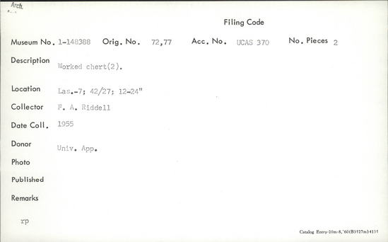 Documentation associated with Hearst Museum object titled Lithic, accession number 1-148388, described as Worked.