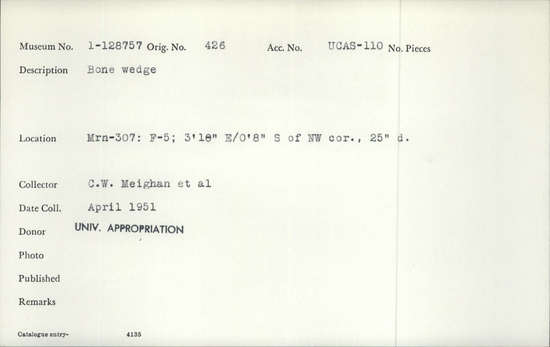 Documentation associated with Hearst Museum object titled Wedge, accession number 1-128757, described as Bone wedge. Notice: Image restricted due to its potentially sensitive nature. Contact Museum to request access.