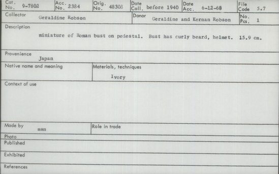 Documentation associated with Hearst Museum object titled Figurine, accession number 9-7802, described as Miniature of Roman bust on pedestal. Bust has curly beard, helmet.  Ivory. 15.9 cm.