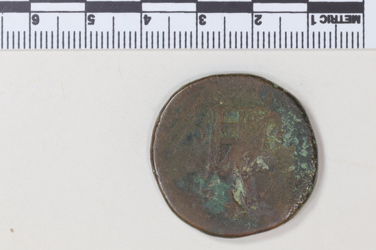 Hearst Museum object 5 of 8 titled Coin: æ sestertius, accession number 8-5906, described as Coin: Sestertius; Æ; Lucilla   21.97 grams. Obverse: [LV]CILLA AVG...  Bust facing right. Reverse: illegible, SC; female figure seated facing left.