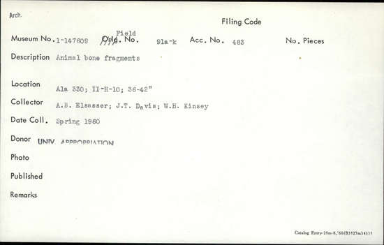 Documentation associated with Hearst Museum object titled Faunal remains, accession number 1-147609, described as Animal.