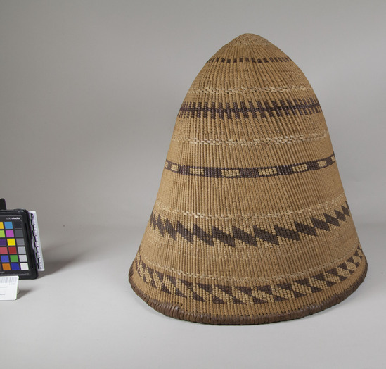 Hearst Museum object 2 of 2 titled Carrying basket, accession number 1-27897, described as Carrying basket.  Twined, bands of brown in design.