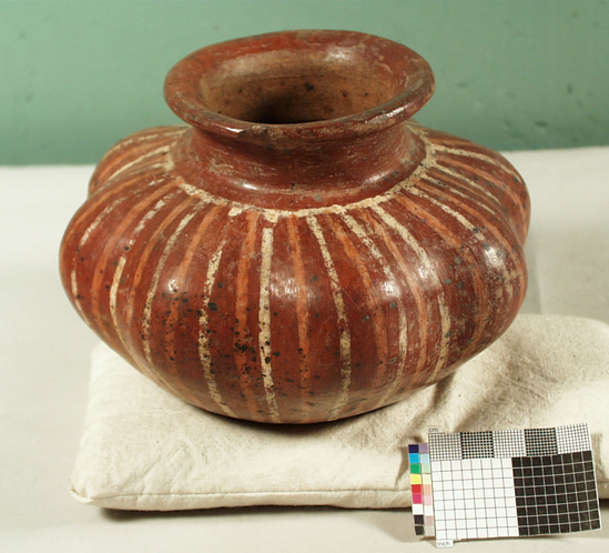 Hearst Museum object titled Jar, accession number 3-3567, described as Pottery vase, squat, fluted, striped