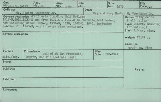 Documentation associated with Hearst Museum object titled Coin: silver 50 cent, accession number 2-57152, described as Walking Liberty half dollar, 1937, minted in Philadelphia. Obverse: LIBERTY / IN GOD WE TRUST / (date) - Liberty walking left, holding branches of laurel and oak. rising sun on left side Reverse: UNITED STATES OF AMERICA / HALF DOLLAR - eagle standing., facing left, wings outstretched, perched on rock next to mountain pine. Size: 3.0 cm. diameter Weight: 12.42 g