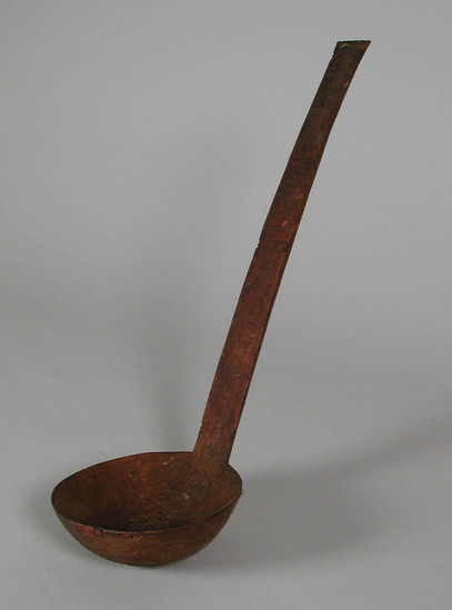 Hearst Museum object titled Spoon, accession number 5-10138, described as spoon;  ladle-type;  wood;  cracked round bowl repaired;  L. 32 cm.