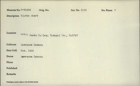 Documentation associated with Hearst Museum object titled Blades, accession number 2-30106, described as chert blades