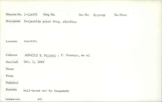 Documentation associated with Hearst Museum object titled Projectile point fragment, accession number 1-119372, described as Obsidian projectile point fragment.