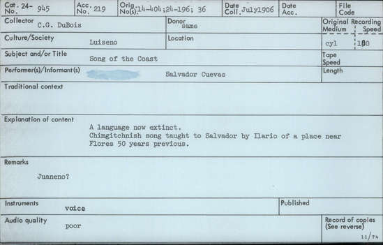 Documentation associated with Hearst Museum object titled Audio recording, accession number 24-945, described as Chungichnish Song