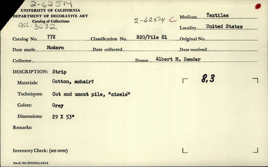 Documentation associated with Hearst Museum object titled Textile, accession number 2-62514, described as Strip; cotton, mohair?, cut and uncut pile, “cicele,” gray