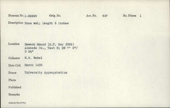 Documentation associated with Hearst Museum object titled Awl, accession number 1-29295, described as Bone.