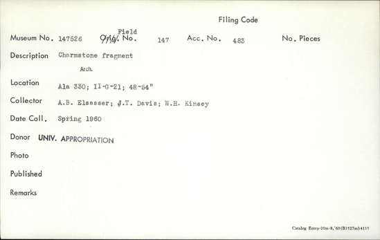 Documentation associated with Hearst Museum object titled Charmstone fragment, accession number 1-147526, described as Charmstone fragment.