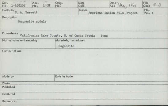 Documentation associated with Hearst Museum object titled Magnesite nodule, accession number 1-198207, described as Magnesite