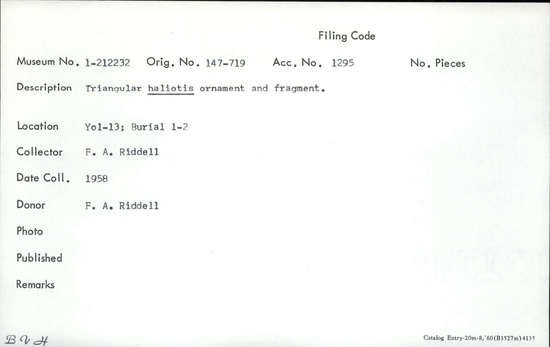 Documentation associated with Hearst Museum object titled Pendant fragment, accession number 1-212232, described as Triangular haliotis.