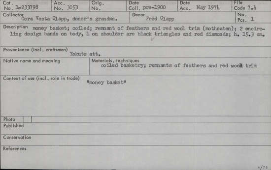 Documentation associated with Hearst Museum object titled Basket, accession number 1-233798, described as Money basket. Coiled. Remnant of feathers and red wool trim (moth eaten). 2 encircling design bands on body, 1 on shoulder of black triangles and red diamonds.