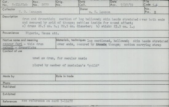 Documentation associated with Hearst Museum object titled Drum and drumstick, accession number 5-11481a,b, no description available.