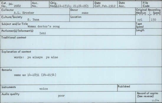 Documentation associated with Hearst Museum object titled Audio recording, accession number 24-2082, described as Woman Doctor's Song