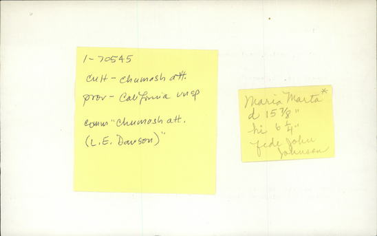 Documentation associated with Hearst Museum object titled Basket, accession number 1-70545, described as Ledger: Coiled basket, bowl shape. Yokuts or Shoshonian design in Yucca root and Matynia. This is 1-70545 based upon ledger description. Per Ralph Shanks:  Basket bowl with outward sloping sides.  Kawaiisu based on the use of the “butterfly stitch".  Coiled on deer grass bundle foundation.  Background is willow.   5 stepped designs in Joshua tree root.  Pin hole start.  Rim is broken.  Rightward warp direction.  Most baskets like this were made by the Butterbread Family of Kawaiisu.  See Maurice Zigmond in Journal of Anthropology Winter 1978 Kawaiisu Basketry.  Has number 1-7054 on paper tag and 27 on tin tag.