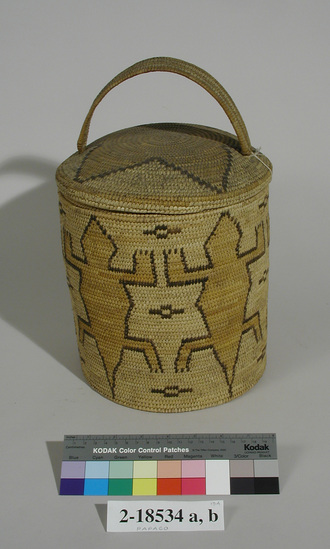 Hearst Museum object titled Basket and cover, accession number 2-18534a,b, described as Coiled, cylindrical.  Cover with handle, animal (toads?) designs on basket; 5-point star-like design on cover.