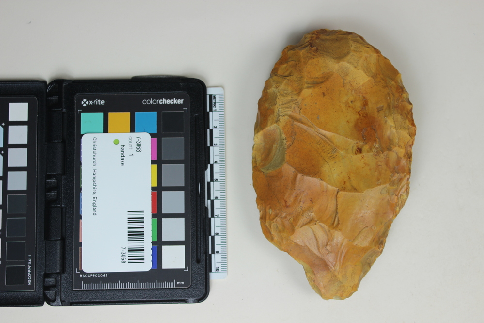 Hearst Museum object 2 of 2 titled Handaxe, accession number 7-3068, described as Acheulean hand-axe, brown chert, part broken off