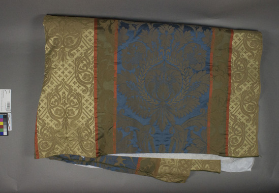 Hearst Museum object titled Textile, accession number 2-62462, described as Yardage; rayon, cotton, damask, warp striped, varicolored, floral and leaf motives, Jacquard looms