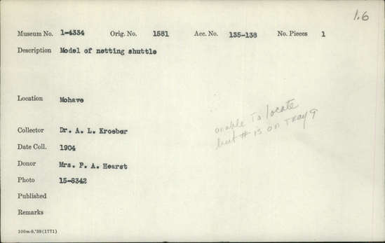 Documentation associated with Hearst Museum object titled Shuttle, accession number 1-4334, described as Model of netting shuttle