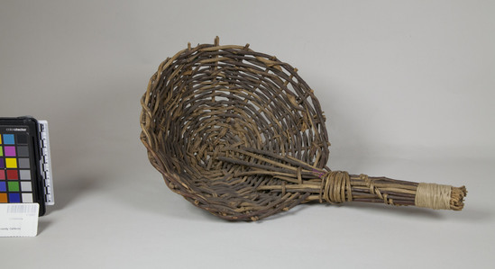 Hearst Museum object 2 of 2 titled Seed beater, accession number 1-12067, described as Seed beater; twined. Warp and weft are Willow (Salix). The type peculiar to the extreme northern part of the Pomo territory. Maker George Dobson.