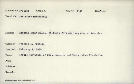 Documentation associated with Hearst Museum object titled Mammal bone, accession number 2-35964, described as Sea otter, metatarsal.