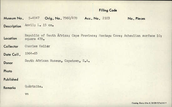 Documentation associated with Hearst Museum object titled Anvil, accession number 5-4847, described as Anvil; Length 15 cm.