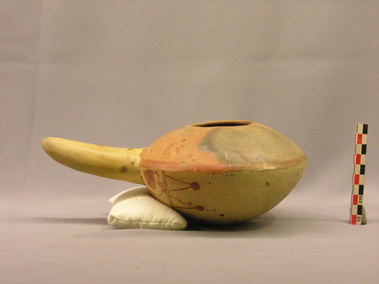 Hearst Museum object 10 of 13 titled Bowl w/ handle, accession number 4-2780, described as Ladle-like bowl with straight handle, birds in red on bottom near handle