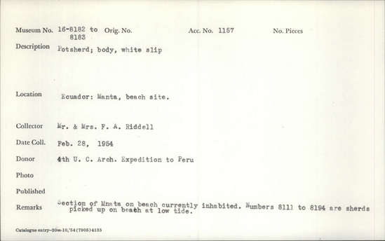 Documentation associated with Hearst Museum object titled Potsherd, accession number 16-8183, described as Potsherd: body, white slip Section of Manta on beach currently inhabited. Numbers  8111 to 8194 are sherds picked up on beach at low tide.